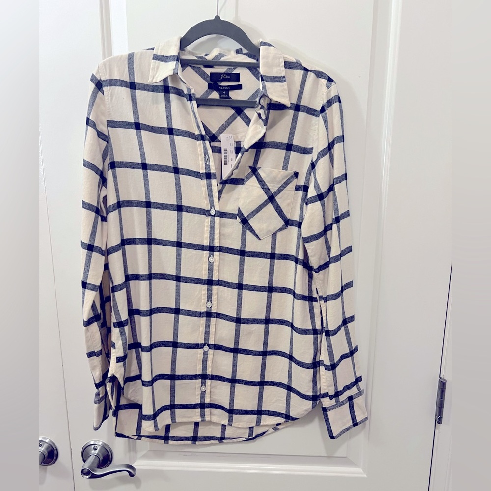 J Crew NWT Small J Crew flannel shirt. Cream and dark blue.
